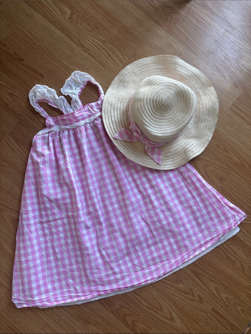 Tahari Pink and White Gingham Sundress with Straw Hat